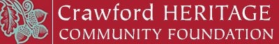 Image of Crawford Heritage Foundation logo with green acorn symbol and white lettering on a red background