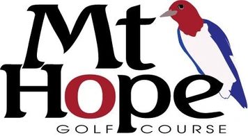 Mount Hope Golf Course logo with woodpecker symbol, black and red lettering, and white background