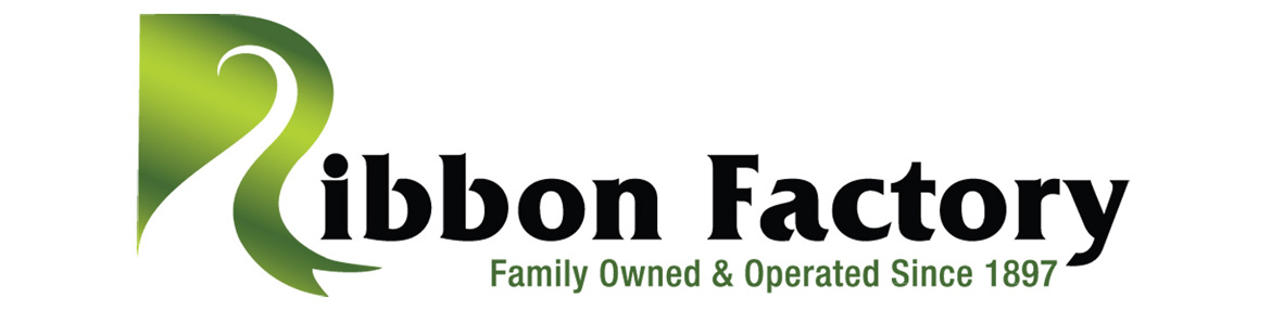 Image of Ribbon Factory logo with green symbol and black lettering on a white background