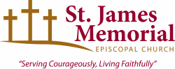 Image of St. James Church Episcopal Church logo with gold crosses, red lettering and white background